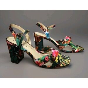 Jessica Simpson Sunara2 Heels Size 8M Black Multi Botanical Sequin Block Sandals